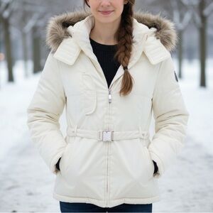 Insulated Hooded Winter Jacket with Waist-Cinching Belt - Ivory  - Large